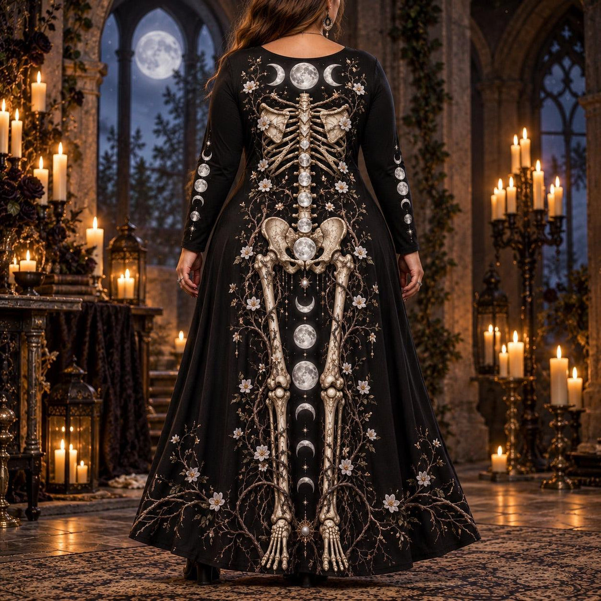 Triple Moon Skeleton Plus Size Witch Dress – Moon Phase Long Sleeve Maxi – worn, back view
