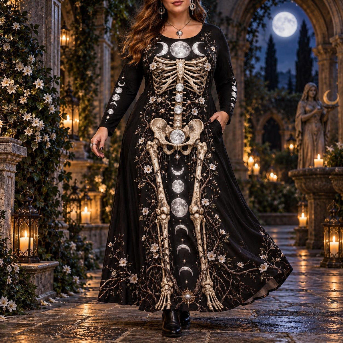 Triple Moon Skeleton Plus Size Witch Dress – Moon Phase Long Sleeve Maxi – worn, in motion