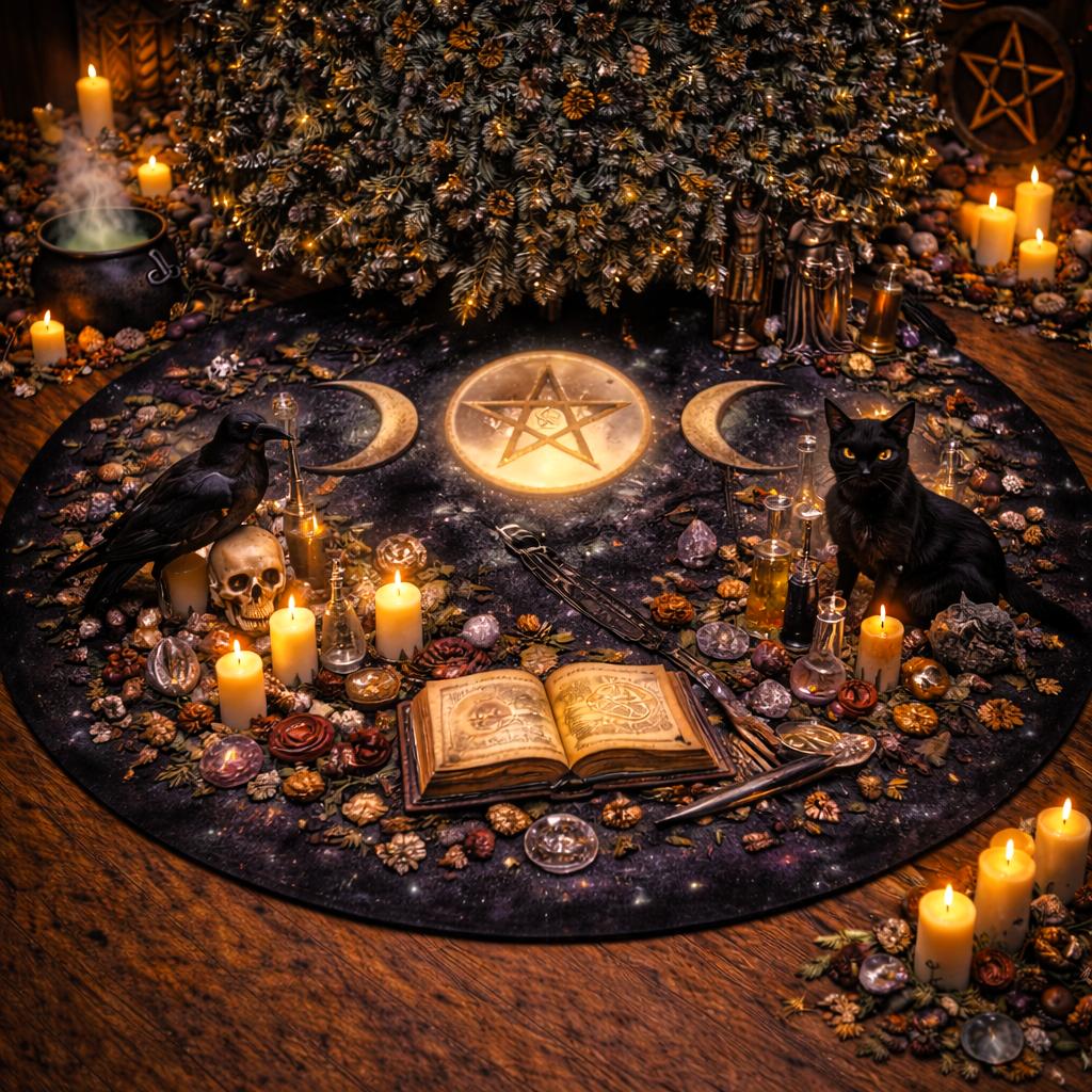 Dark velvet Yule tree skirt with glowing triple moon, pentacle, raven, black cat, skull, and candles.