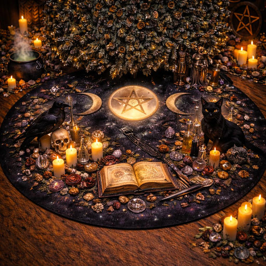 Dark velvet Yule tree skirt with glowing triple moon, pentacle, raven, black cat, skull, and candles.