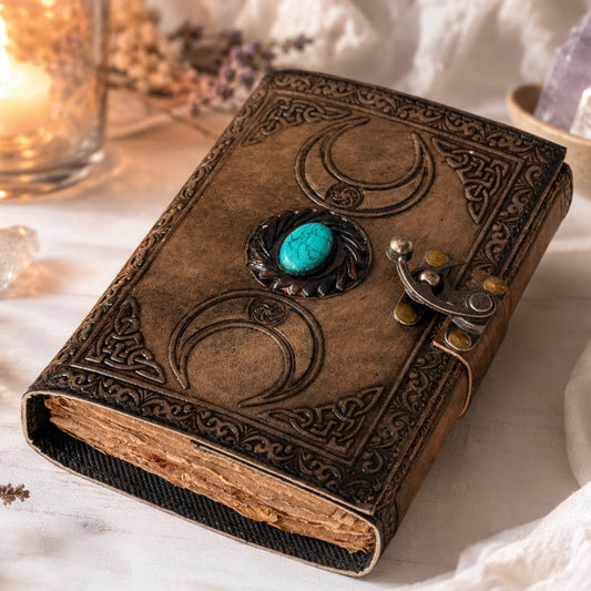 Triple Moon Solar Stone Leather Journal – Handmade Pagan Grimoire with Lock – leather journal, back cover view