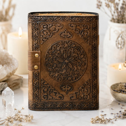 Triple Moon Solar Stone Leather Journal – Handmade Pagan Grimoire with Lock – leather journal, open blank pages view
