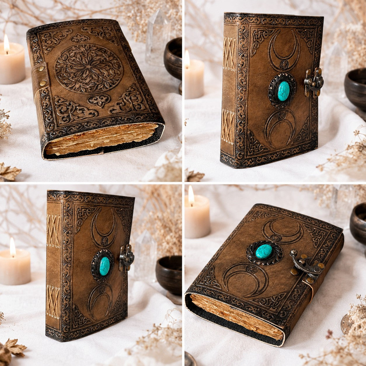 Triple Moon Solar Stone Leather Journal – Handmade Pagan Grimoire with Lock – leather journal, close-up cover detail