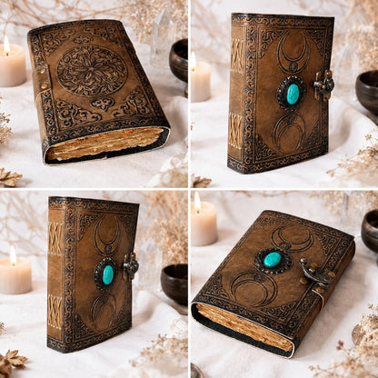 Triple Moon Solar Stone Leather Journal – Handmade Pagan Grimoire with Lock – leather journal, close-up cover detail