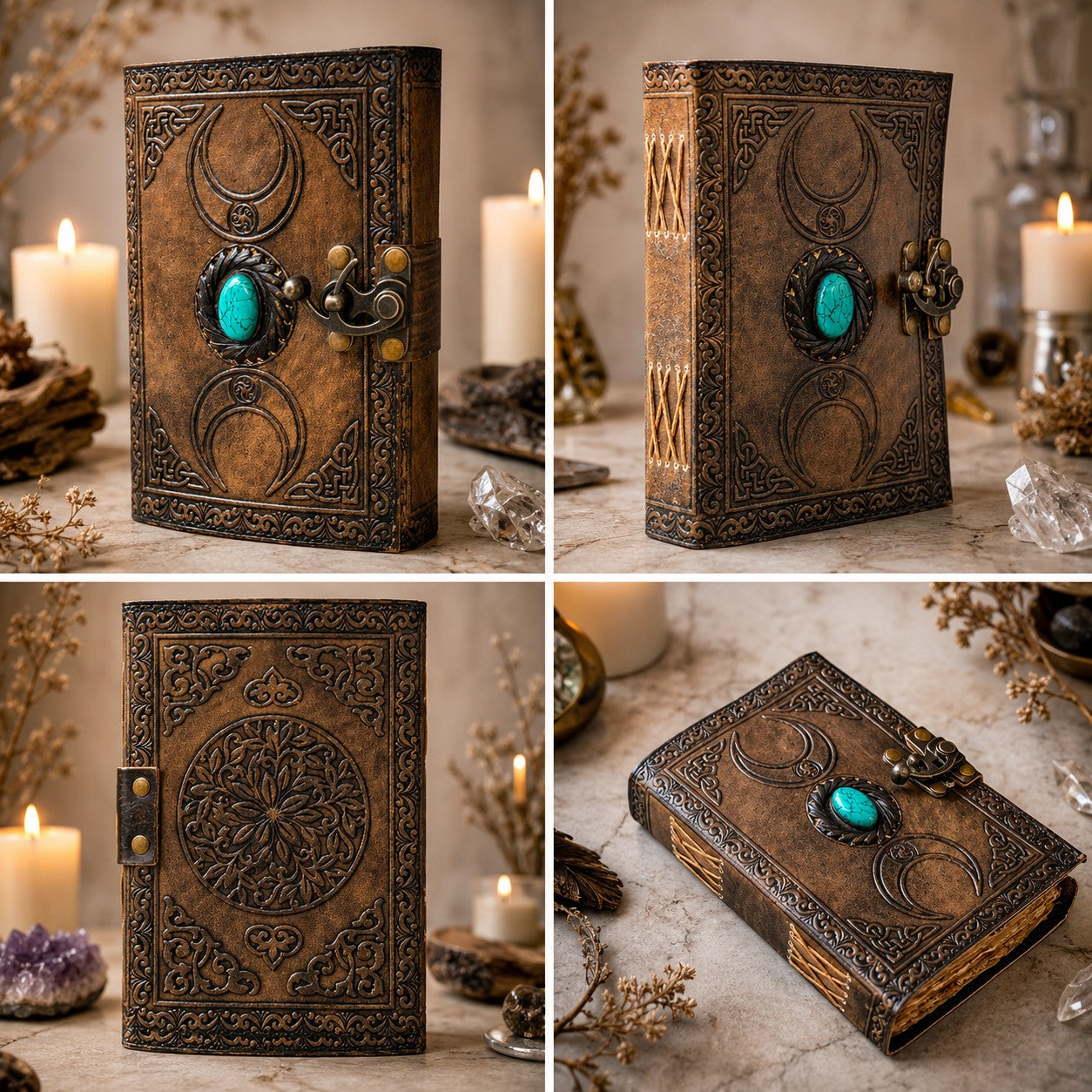 Triple Moon Solar Stone Leather Journal – Handmade Pagan Grimoire with Lock – leather journal, size and scale view