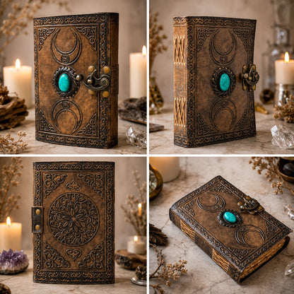 Triple Moon Solar Stone Leather Journal – Handmade Pagan Grimoire with Lock – leather journal, size and scale view