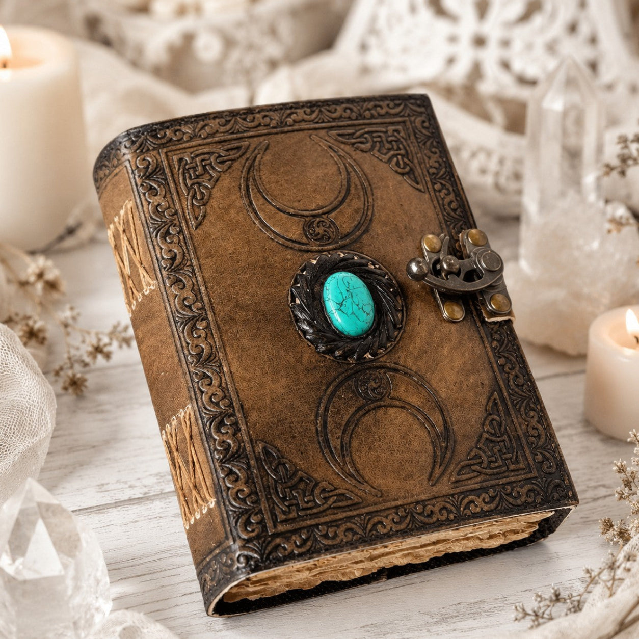 Triple Moon Solar Stone Leather Journal – Handmade Pagan Grimoire with Lock – leather journal, front cover view