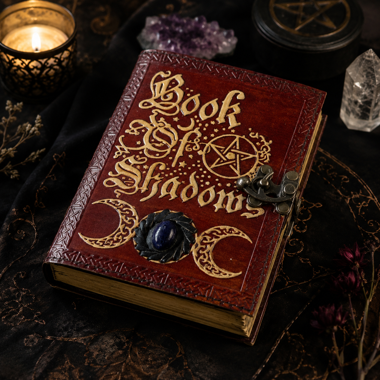 Triple moon stone leather journal – handmade book of shadows witch grimoire, stone inlay, deckle pages, view 2