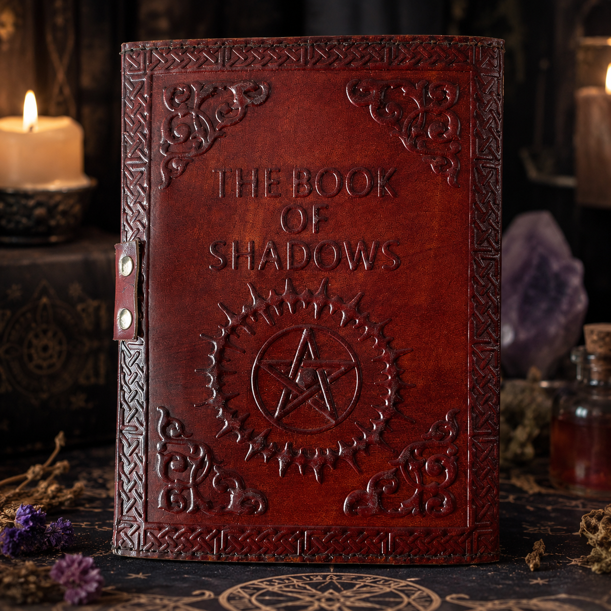 Triple moon stone leather journal – handmade book of shadows witch grimoire, stone inlay, deckle pages, view 3