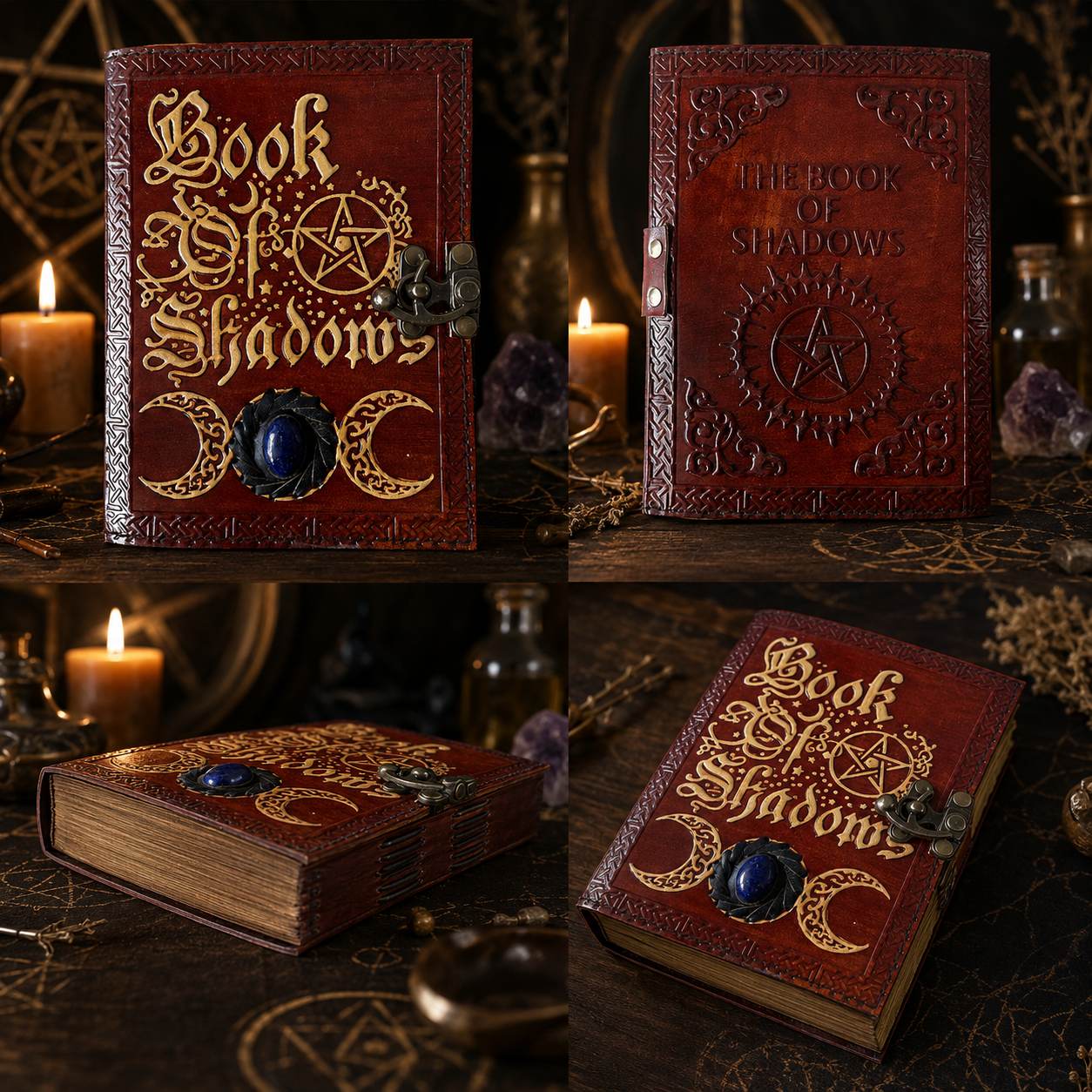 Triple moon stone leather journal – handmade book of shadows witch grimoire, stone inlay, deckle pages, view 4