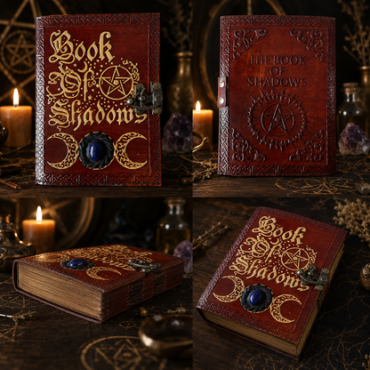 Triple moon stone leather journal – handmade book of shadows witch grimoire, stone inlay, deckle pages, view 4