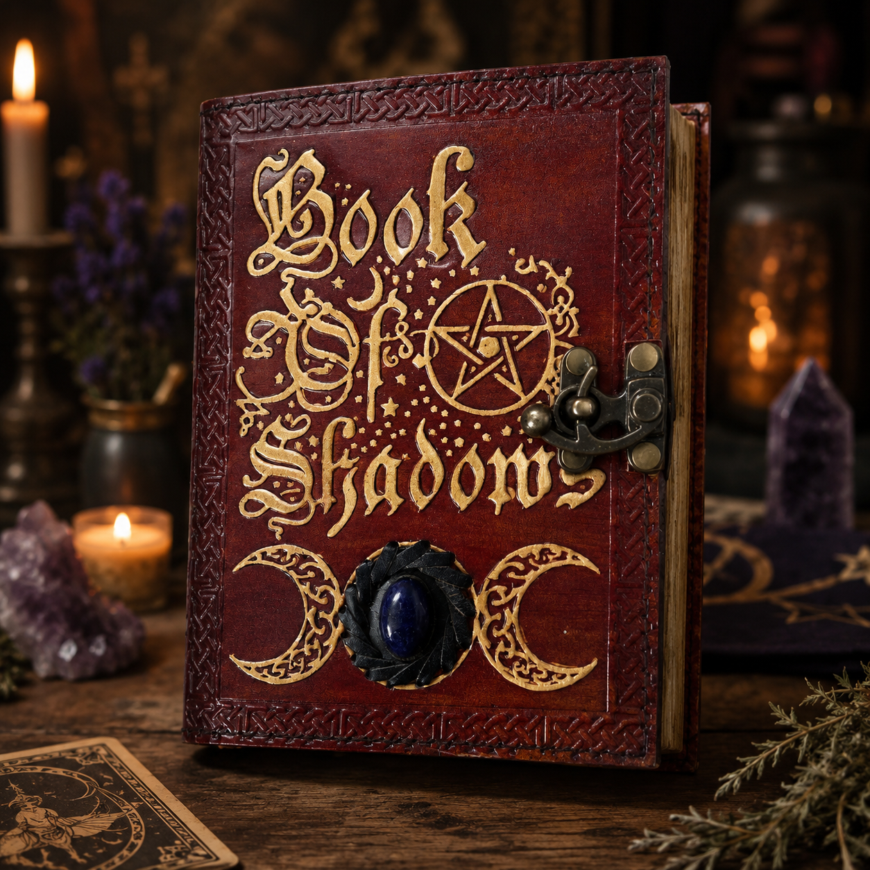 Triple moon stone leather journal – handmade book of shadows witch grimoire, stone inlay, deckle pages, view 1