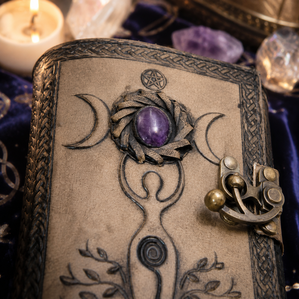 Triple moon stone leather journal – handmade Celtic book of shadows grimoire, Mother Earth stone, view 2