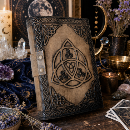 Triple moon stone leather journal – handmade Celtic book of shadows grimoire, Mother Earth stone, view 3