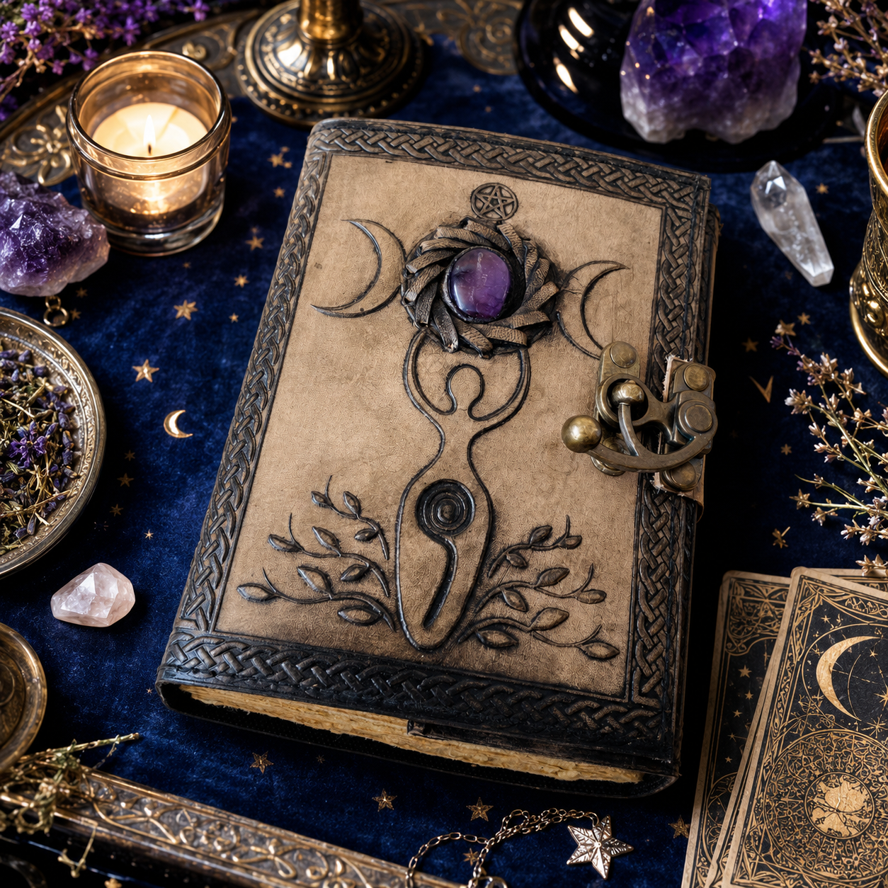 Triple moon stone leather journal – handmade Celtic book of shadows grimoire, Mother Earth stone, view 4