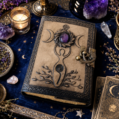 Triple moon stone leather journal – handmade Celtic book of shadows grimoire, Mother Earth stone, view 4