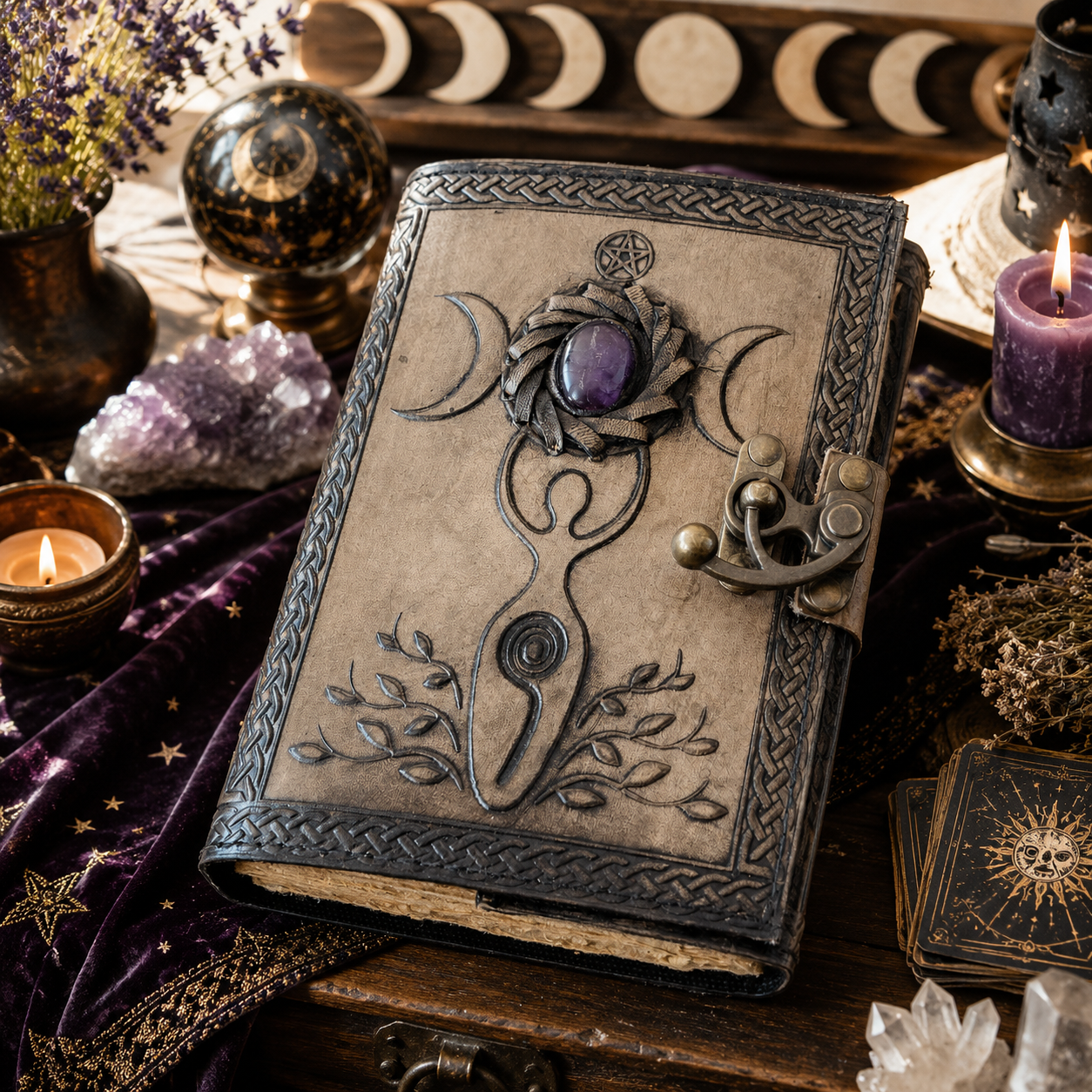 Triple moon stone leather journal – handmade Celtic book of shadows grimoire, Mother Earth stone, view 1