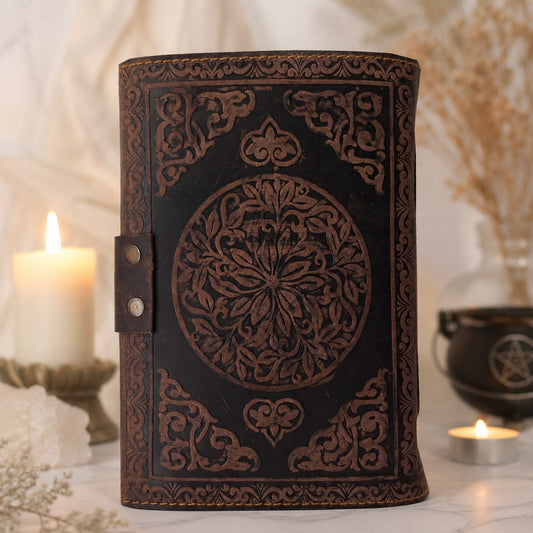 Triple Moon Third Eye Leather Journal – Antique Handmade Witch Spell Book – leather journal, back cover view