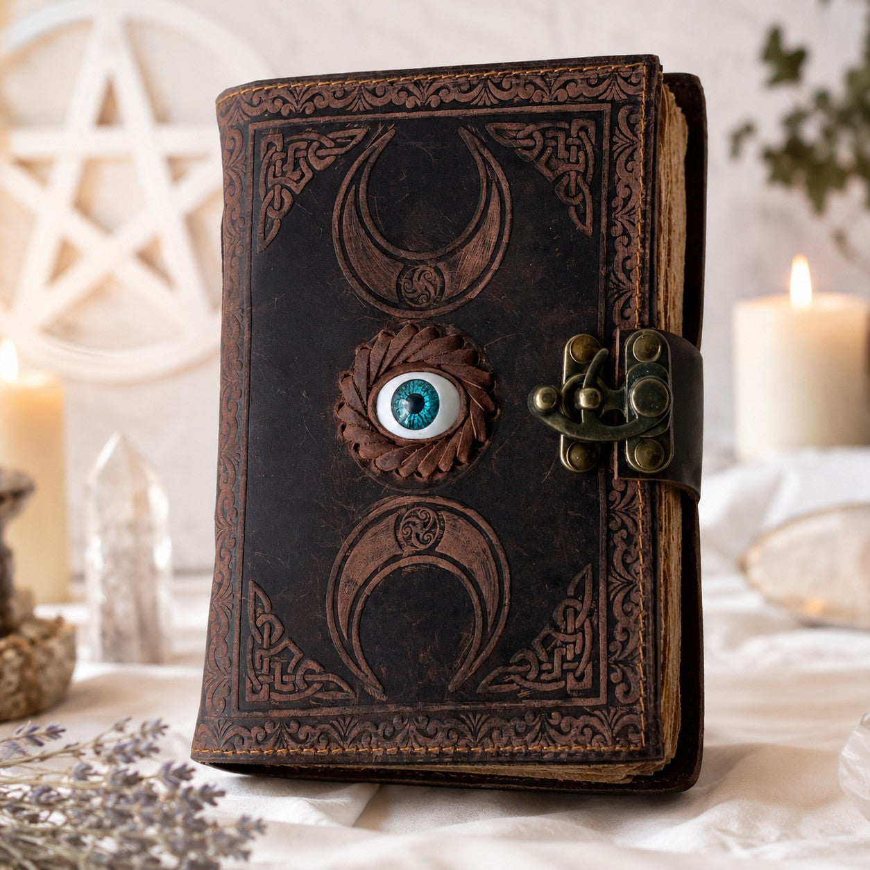 Triple Moon Third Eye Leather Journal – Antique Handmade Witch Spell Book – leather journal, open blank pages view