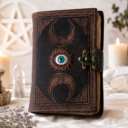Triple Moon Third Eye Leather Journal – Antique Handmade Witch Spell Book – leather journal, open blank pages view