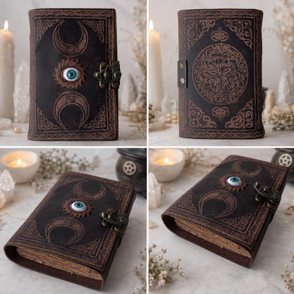 Triple Moon Third Eye Leather Journal – Antique Handmade Witch Spell Book – leather journal, close-up cover detail