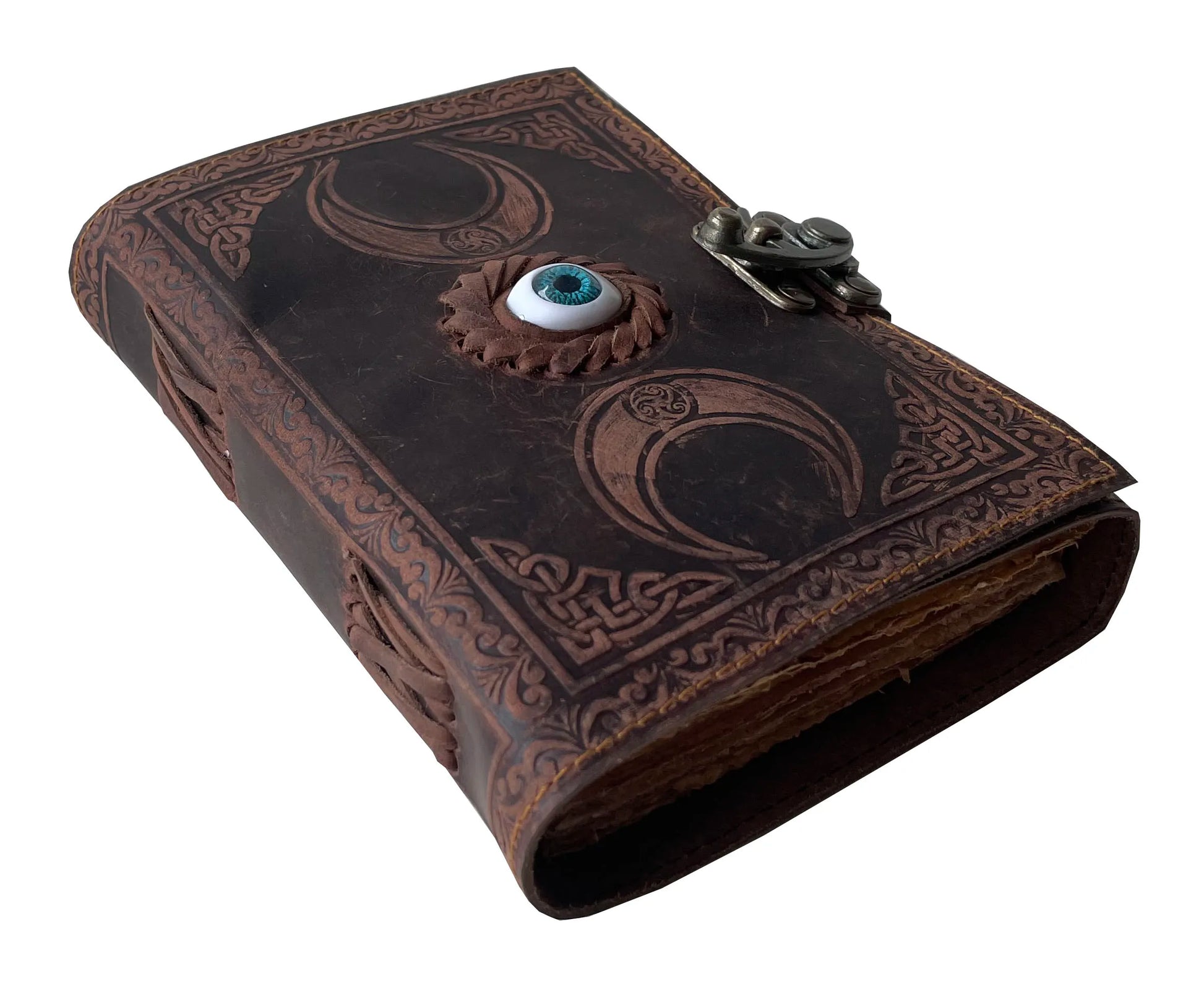 Triple moon third eye leather journal antique – handmade witch spell book with blank deckle pages