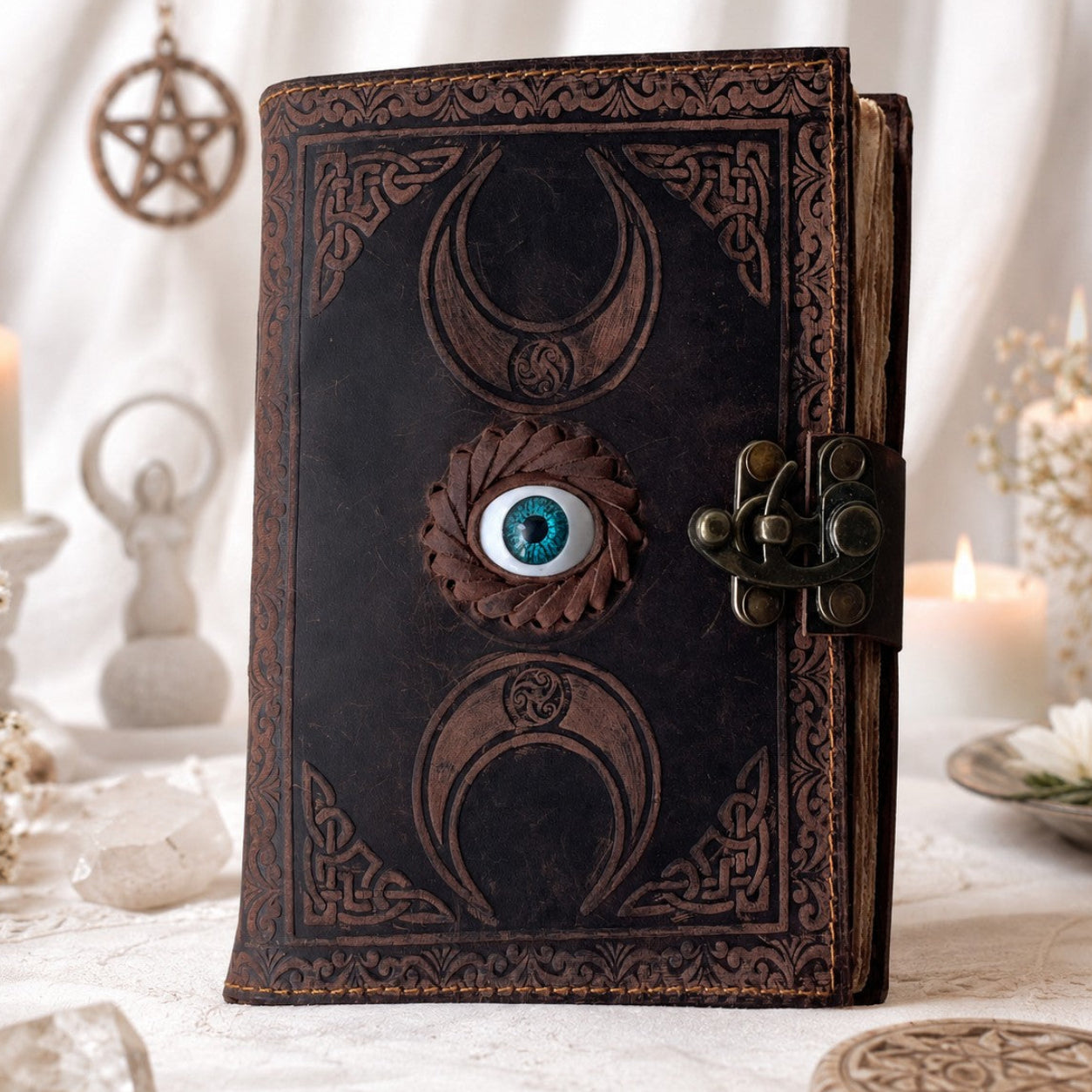 Triple Moon Third Eye Leather Journal – Antique Handmade Witch Spell Book – leather journal, front cover view