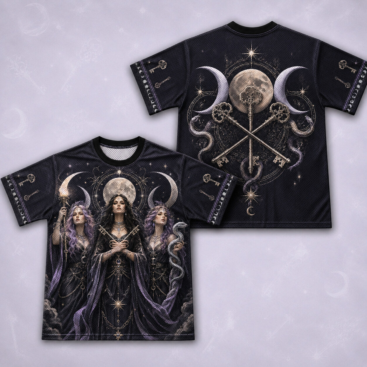 Triple Moon Three Witches T-Shirt Skeleton Key Serpent Tee front and back together