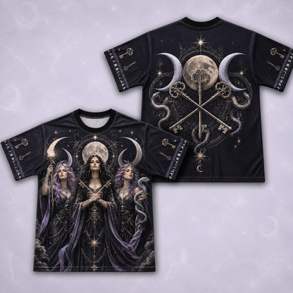 Triple Moon Three Witches T-Shirt Skeleton Key Serpent Tee front and back together