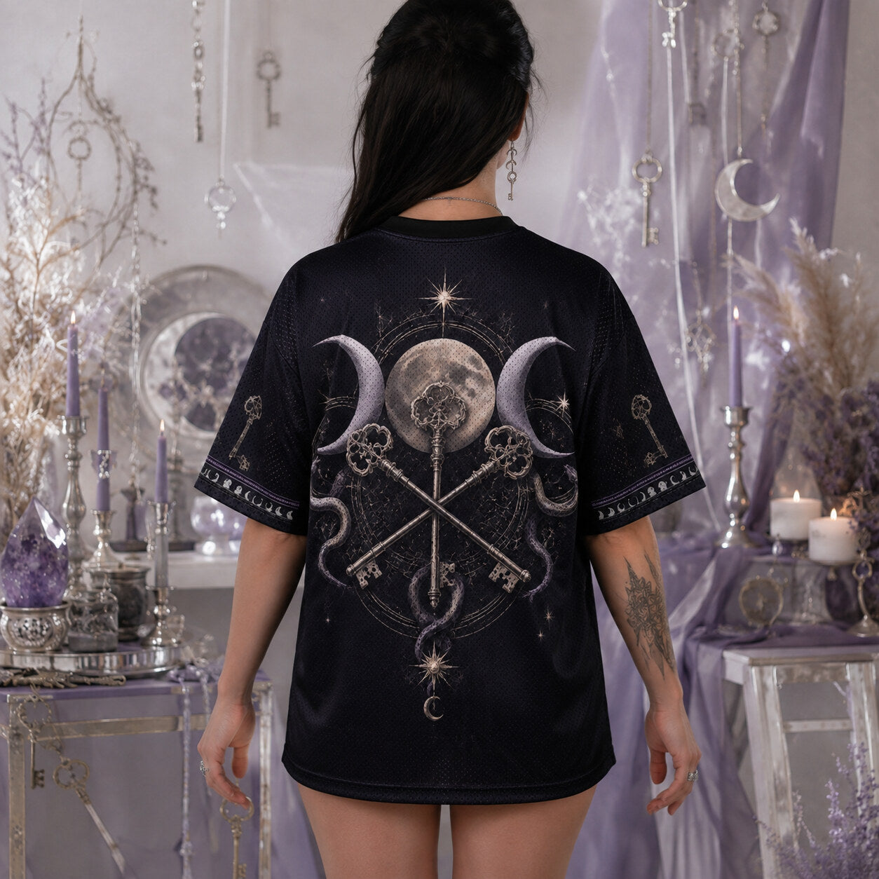 Triple Moon Three Witches T-Shirt Skeleton Key Serpent Tee worn, back view