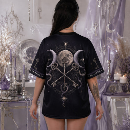 Triple Moon Three Witches T-Shirt Skeleton Key Serpent Tee worn, back view