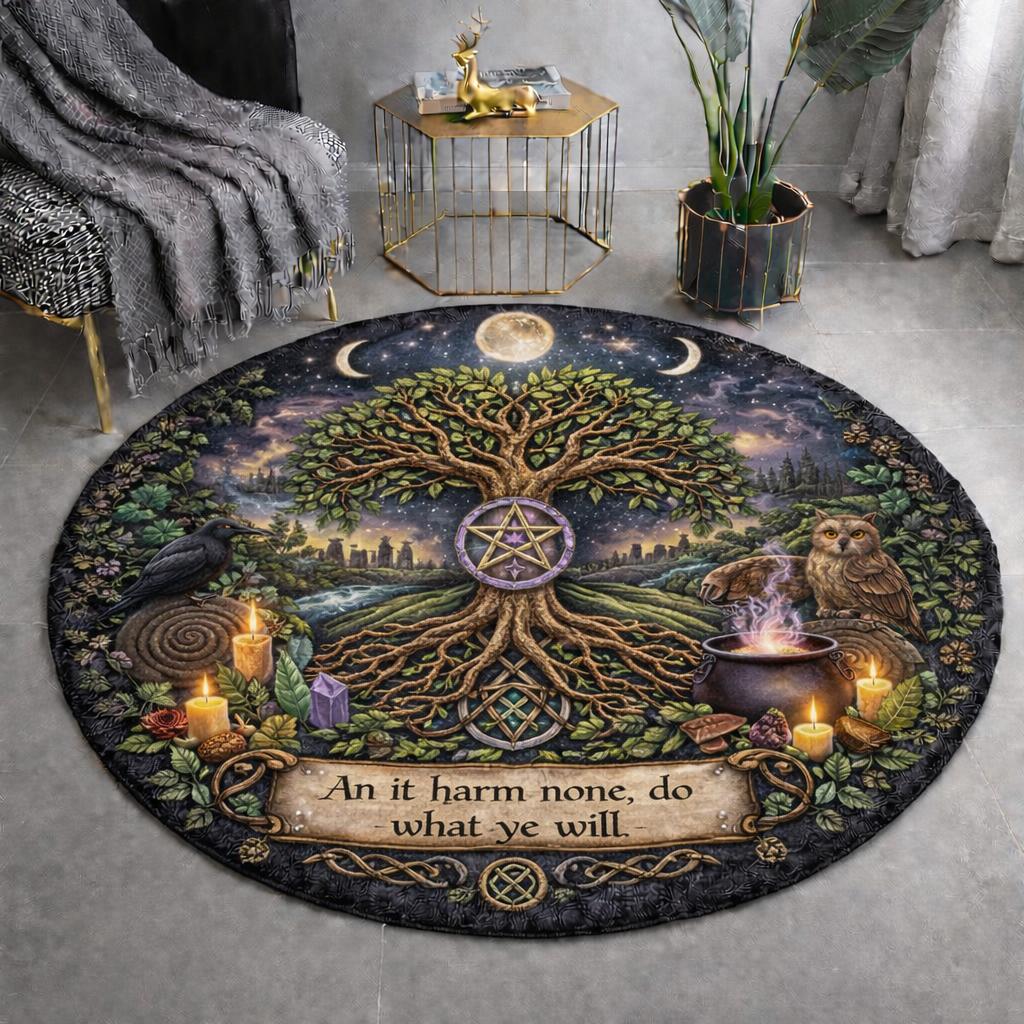 Round Wiccan rug with Triple Moon, Tree of Life, raven, owl, pentacle, and "An it harm none" text.