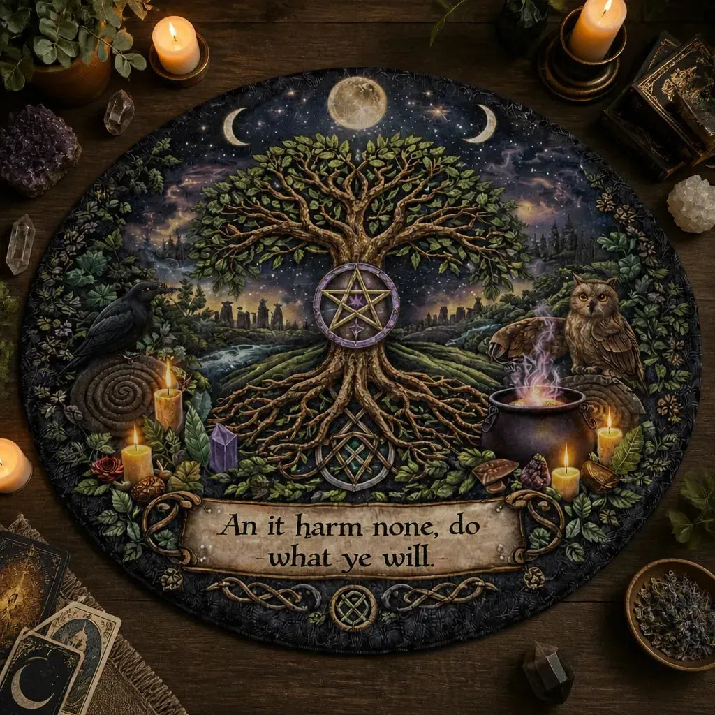 Triple Moon Tree of Life Round Rug Wiccan Raven Owl Carpet Pagan Home Decor_mockup_2.webp