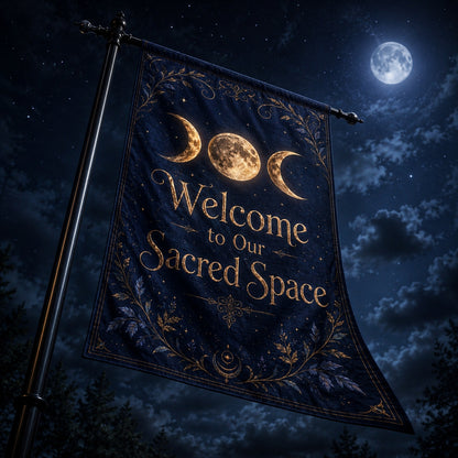 Triple Moon Welcome house flag mockup hanging outdoors as gothic home decor