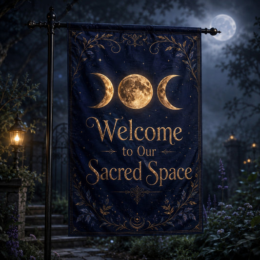 Triple Moon Welcome house flag with Wicca sacred space witchy design