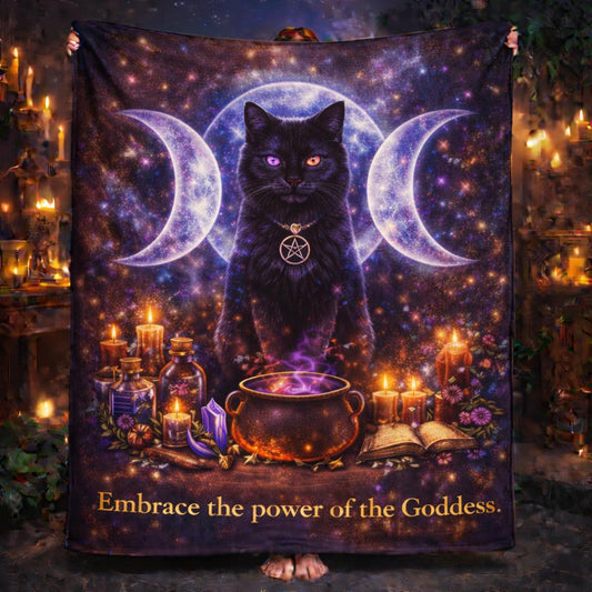 Black cat occult fleece blanket with Triple Moon, pentacle, cauldron, and "Embrace the power of the Goddess.