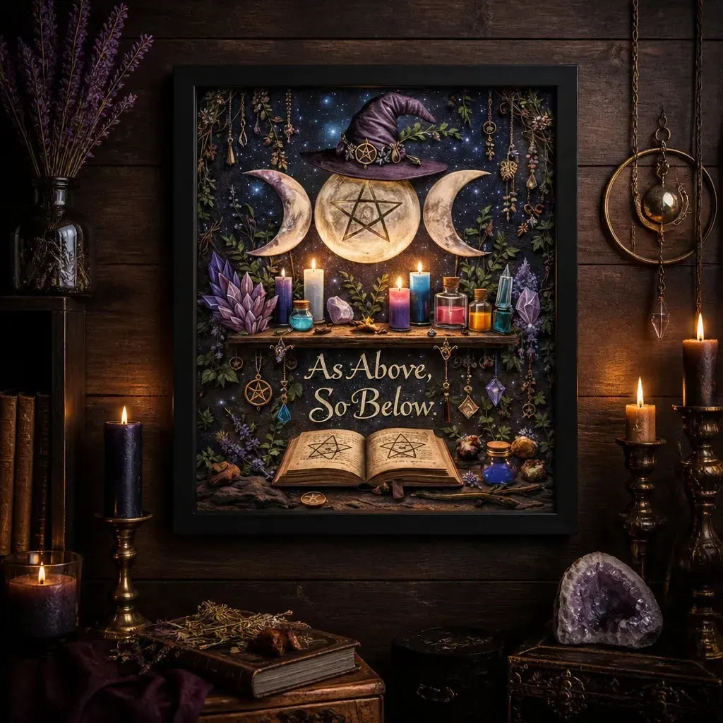 Triple Moon Wicca Black Framed Art Print - Witchy Canvas Wall Art for Pagan Home Decor_mockup_2.webp