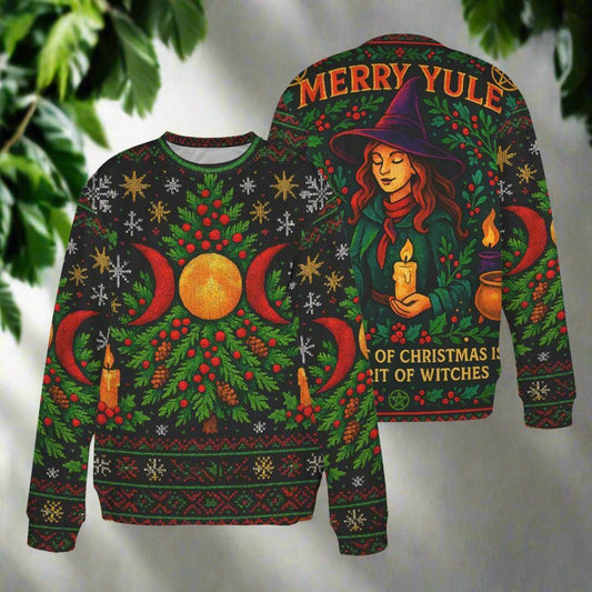 Triple Moon Wicca Christmas Sweatshirt Merry Yule Witch Sweater-MoonChildWorld