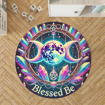 Triple Moon Wicca Round Rug Blessed Be Pagan Symbol Carpet for Spiritual Homes-MoonChildWorld