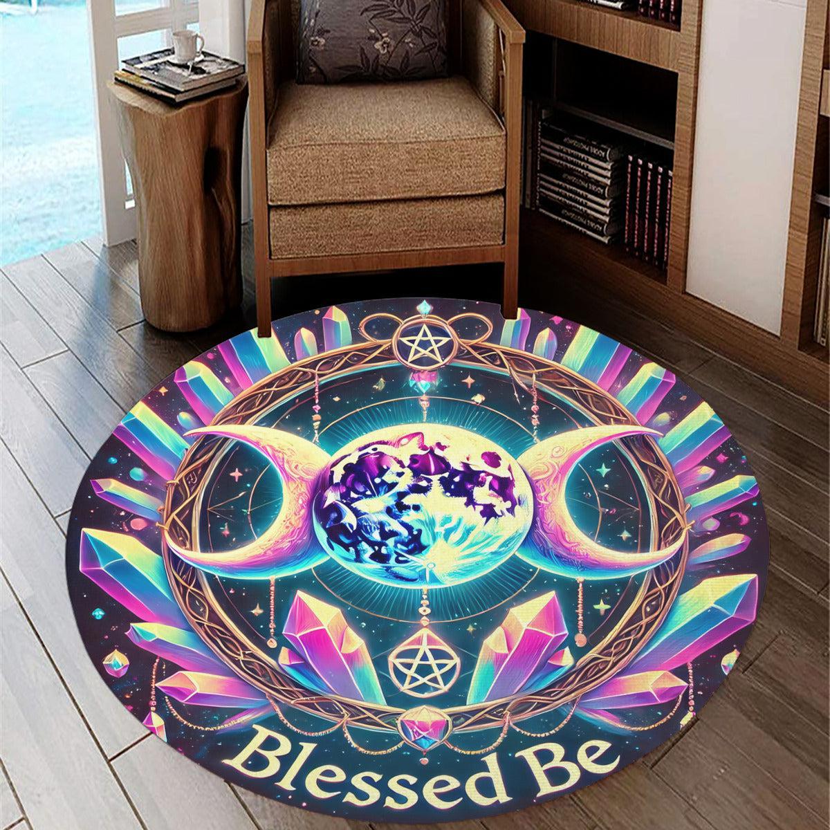 Triple Moon Wicca Round Rug Blessed Be Pagan Symbol Carpet for Spiritual Homes-MoonChildWorld