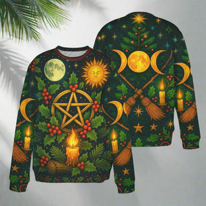 Triple Moon Wicca Yule Sweatshirt Pentacle Pagan Christmas Sweater-MoonChildWorld