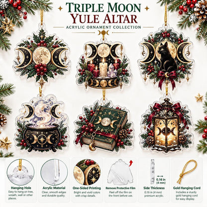 Triple Moon Wiccan Acrylic Ornament Set – Yule Altar Christmas Decor – ornament size and details