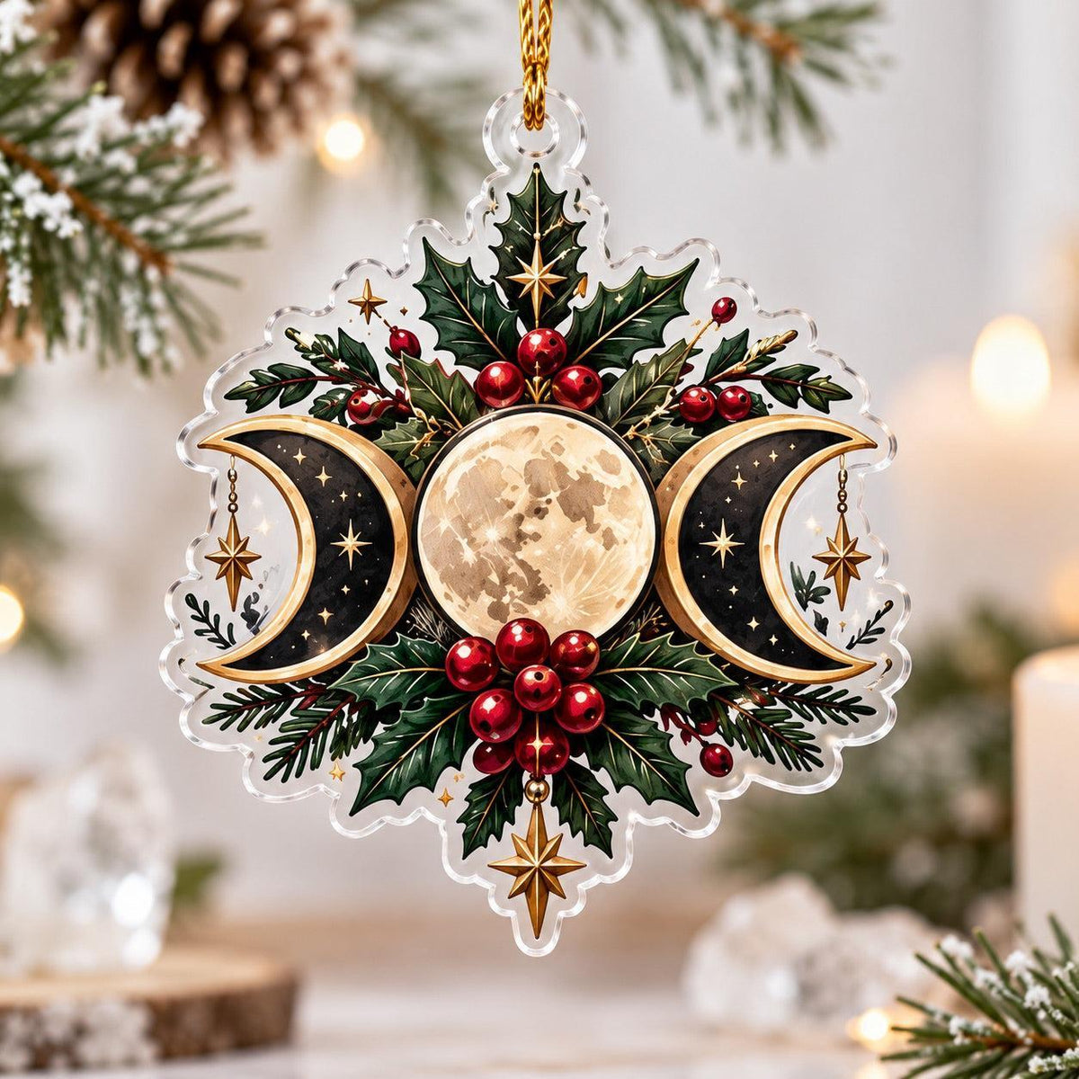 Triple Moon Wiccan Acrylic Ornament Set – Yule Altar Christmas Decor – Holly Triple Moon ornament