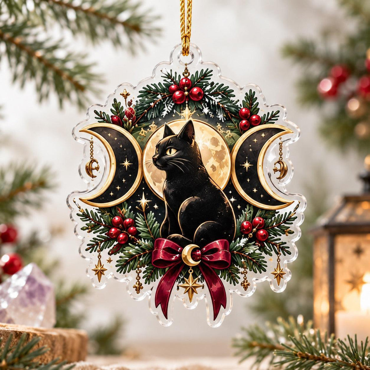 Triple Moon Wiccan Acrylic Ornament Set – Yule Altar Christmas Decor – Black Cat Triple Moon ornament