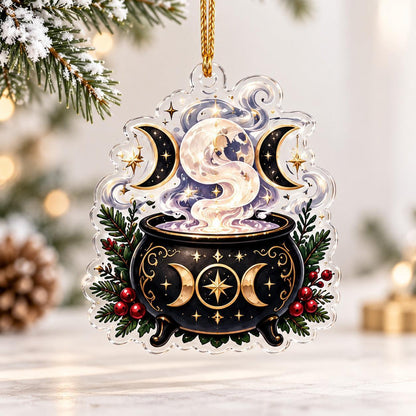 Triple Moon Wiccan Acrylic Ornament Set – Yule Altar Christmas Decor – Cauldron Triple Moon ornament