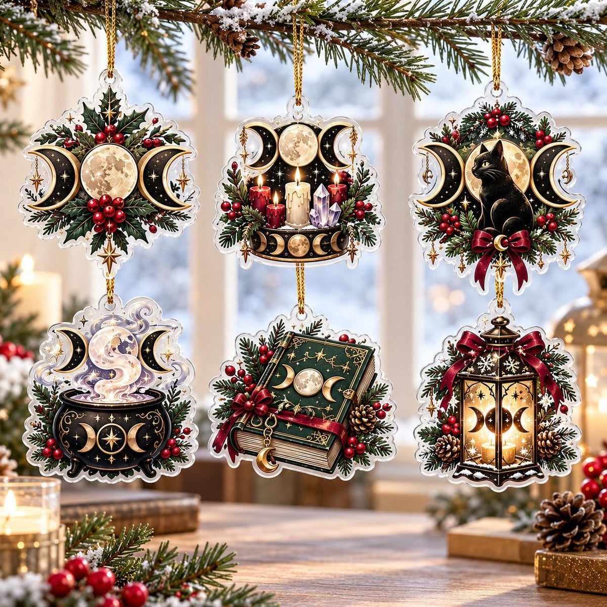 Triple Moon Wiccan Acrylic Ornament Set – Yule Altar Christmas Decor – set of 6 acrylic ornaments