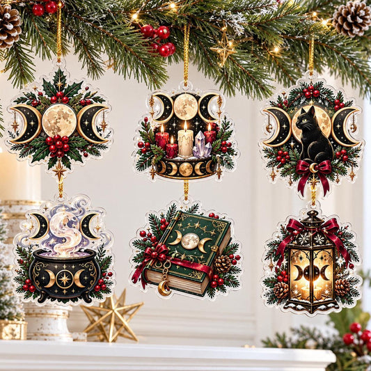 Triple Moon Wiccan Acrylic Ornament Set – Yule Altar Christmas Decor – set of 6, another view