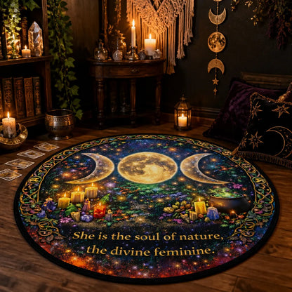 Triple Moon Wiccan Round Rug Pagan Symbol Carpet for Yule  Home Decor_mockup_1.webp