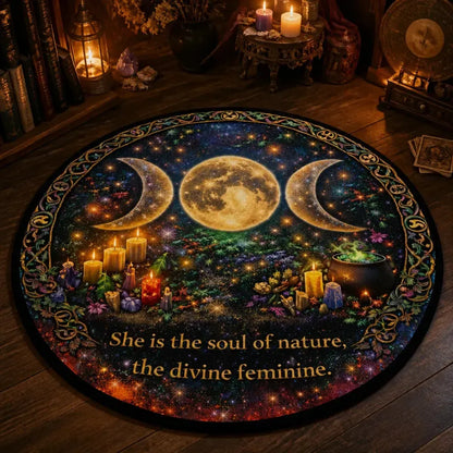 Triple Moon Wiccan Round Rug Pagan Symbol Carpet for Yule  Home Decor_mockup_3.webp