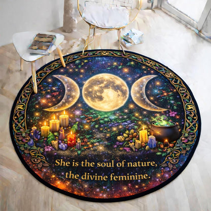 Black round Wiccan rug with triple moon, candles, cauldron, and "She is the soul of nature" text.